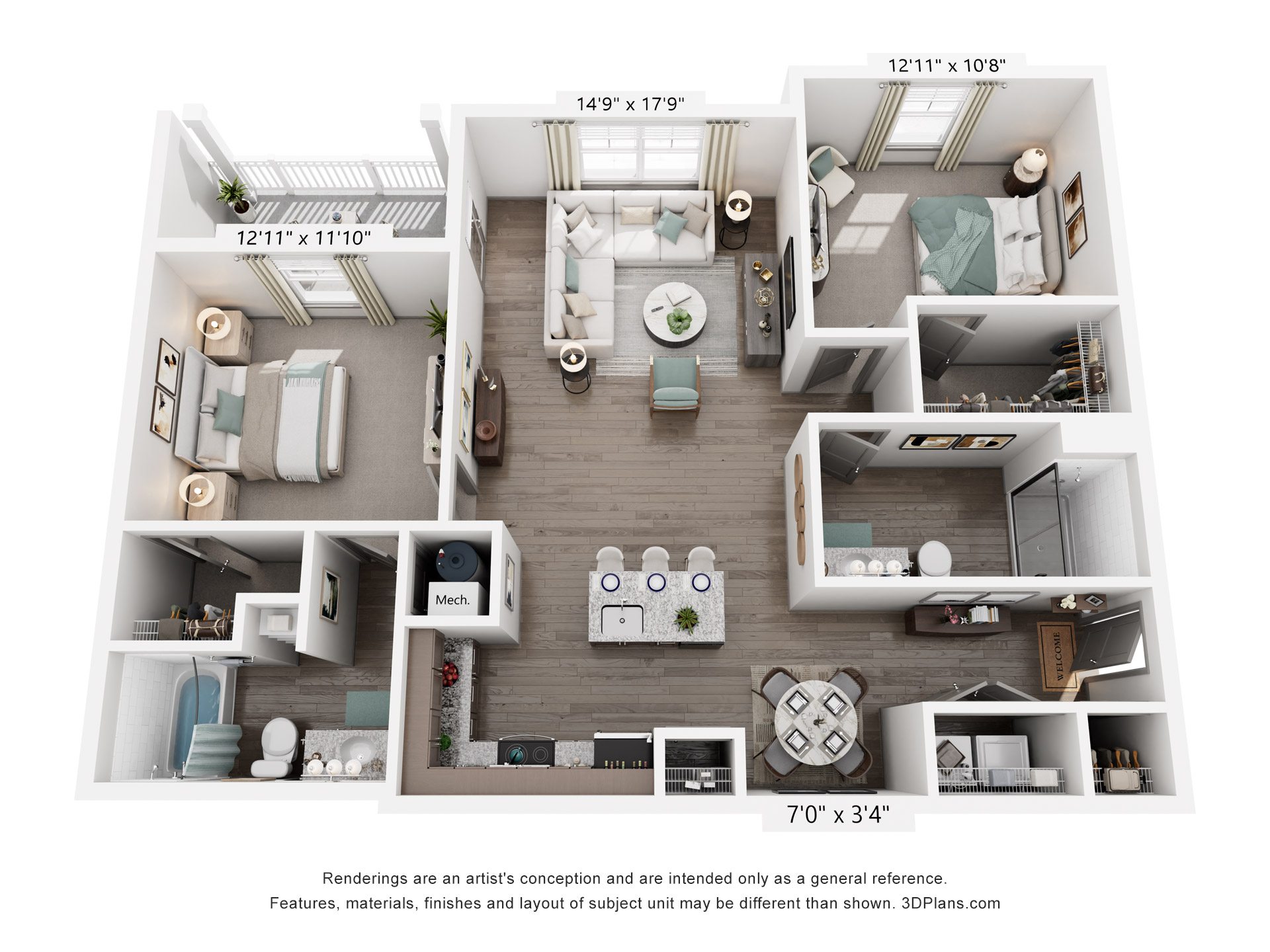 Floor plan for 2 beds, 2 baths, 1232 sqft